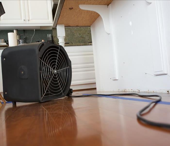 Air mover on floor drying a wall.